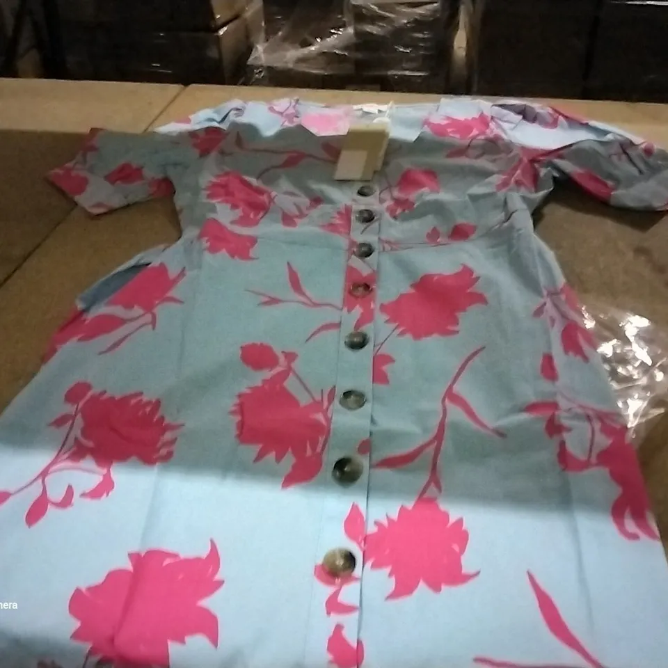 BOX OF APPROXIMATELY 21 ASSORTED BRAND NEW FINERY BLUE/RED LEAF STYLE DRESSES VARIOUS SIZES 