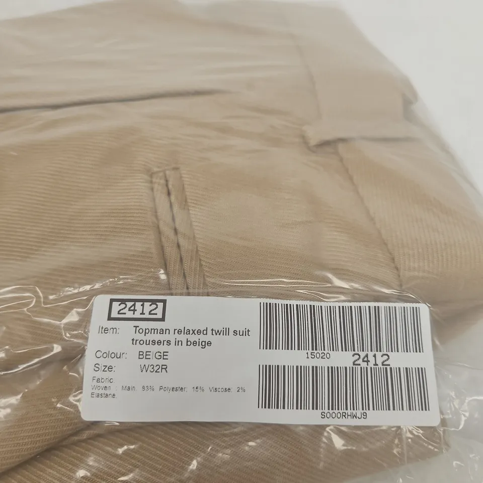TOPMAN RELAXED TWILL SUIT TROUSERS – BEIGE, UK 32R