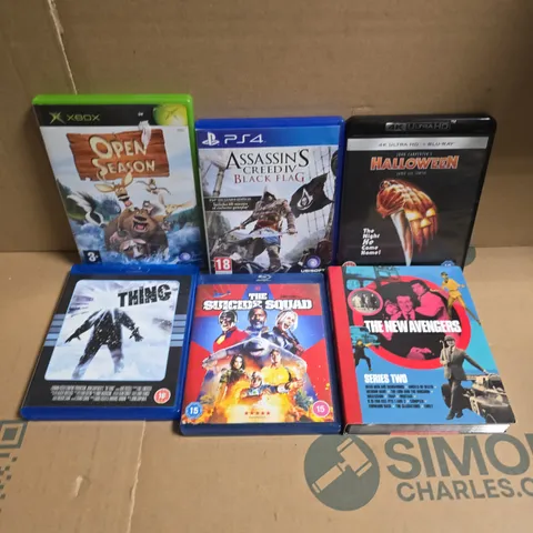 APPROXIMATELY 20 ASSORTED DVDS & GAMES TO INCLUDE ASSASINS CREED BLACK FLAG (PS4), THE NEW AVENGERS SERIES TWO, THE THING, ETC