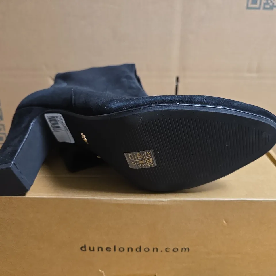 BOXED PAIR OF DUNE WF SIMP STRETCH KNEE BOOTS IN BLACK SUEDE MIX - SIZE 8