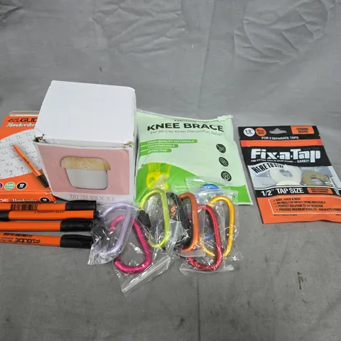 APPROXIMATELY 10 ASSORTED HOUSEHOLD ITEMS TO INCLUDE FIX-A-TAP, KNEE BRACE AND PENS
