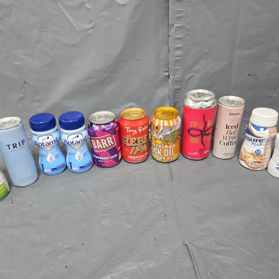 APPROXIMATELY 10 ASSORTED DRINK ITEMS TO INCLUDE - TRIP, BARR, AND GRIND COFFEE ETC.