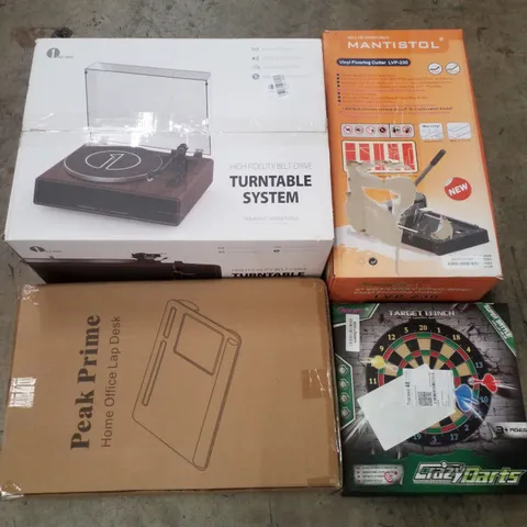PALLET CONTAINING ASSORTED PRODUCTS INCLUDING TURNTABLE SYSTEM, VINYL FLOORING CUTTER, HOME OFFICE LAP DESK & CRAZYDARTS DART BOARD