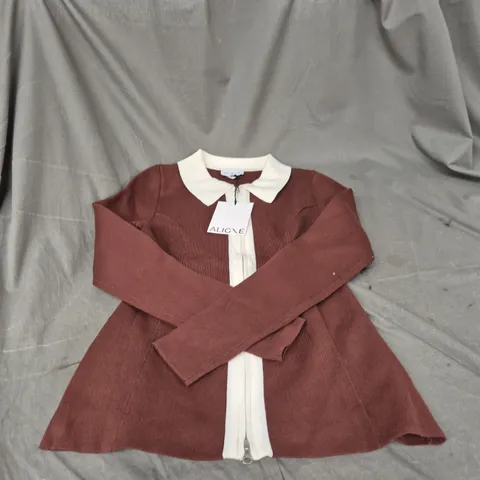 ALIGNE ISOBEL CHOCOLATE KNIT TOP WITH CREAM COLLAR, UK SIZE 10