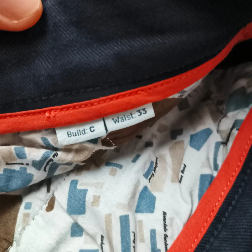 2 PAIRS OF UK 33 SPOKE NAVY TROUSERS - MEN'S, WITH ORANGE TRIM SIZE 33IN 