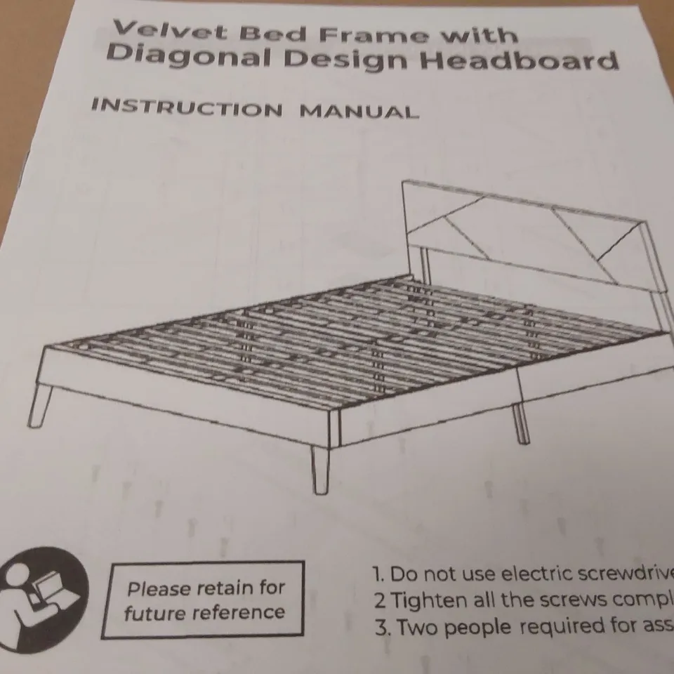 BOXED VELVET BEDFRAME & DIAGONAL HEADBOARD - KING SIZE, GREY (1 BOX)