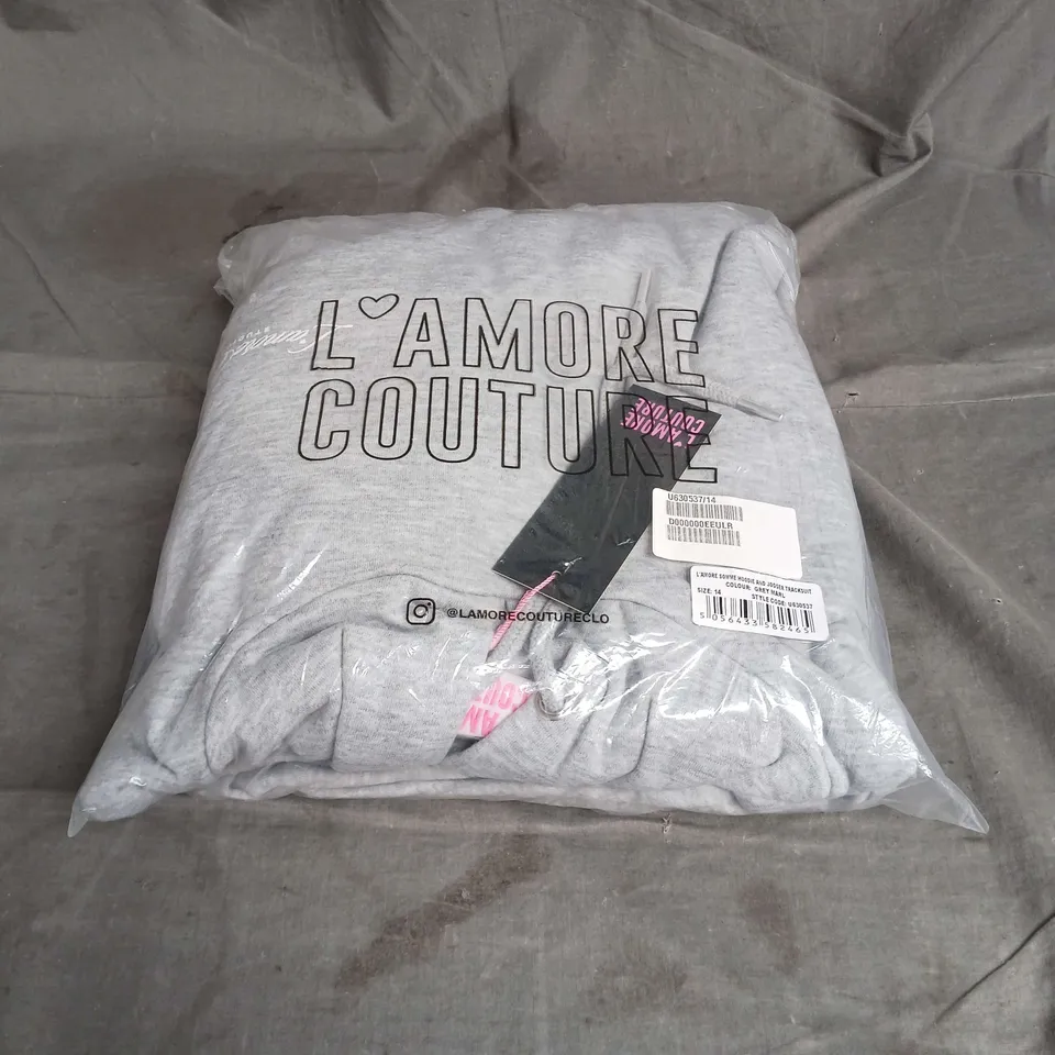BAGGED L'AMORE COUTURE HOODIE AND JOGGER TRACKSUIT IN GREY MARL SIZE 14