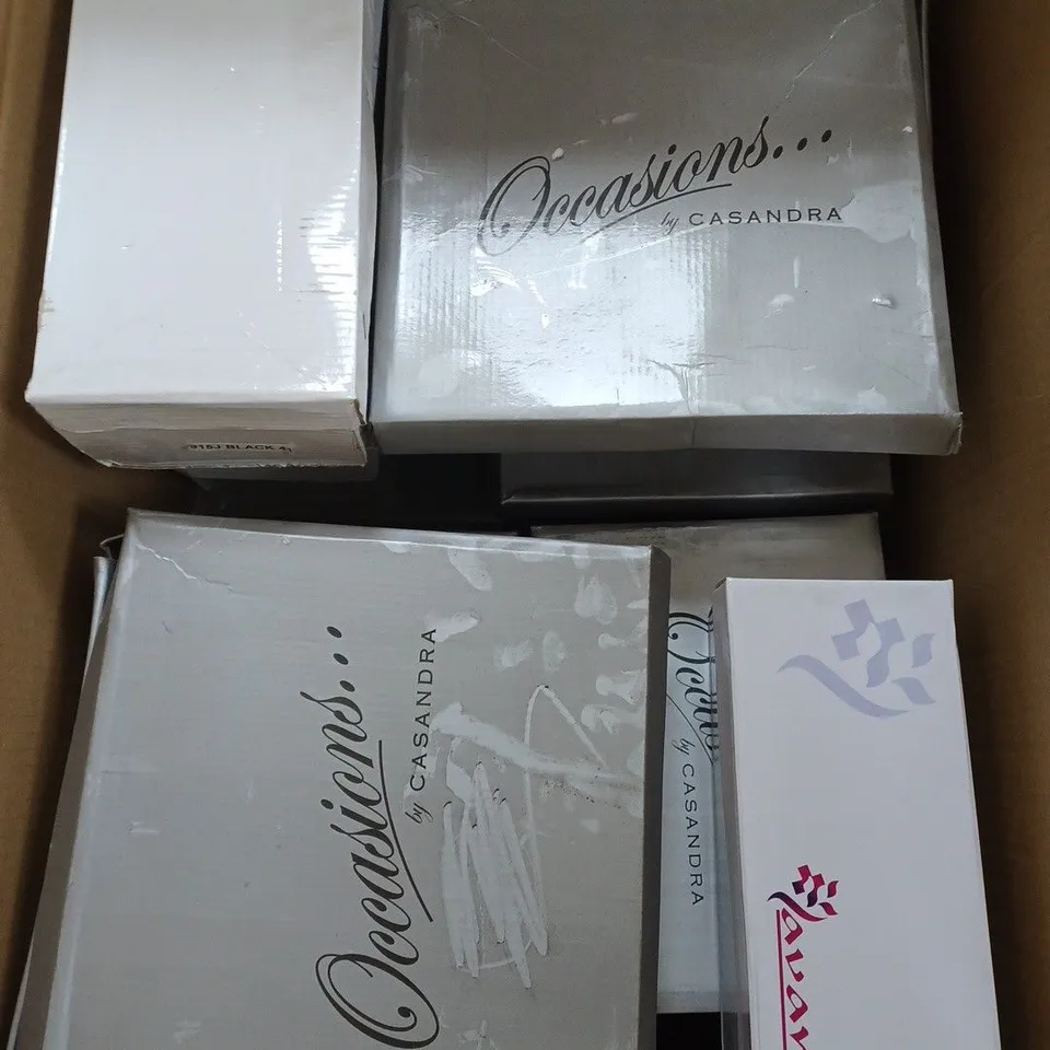 BOX OF APPROXIMATELY 10 ASSORTED SHOES TO INCLUDE LOW BLACK SHOES, GEM HEELS, GOLD LOW HEELS ETC