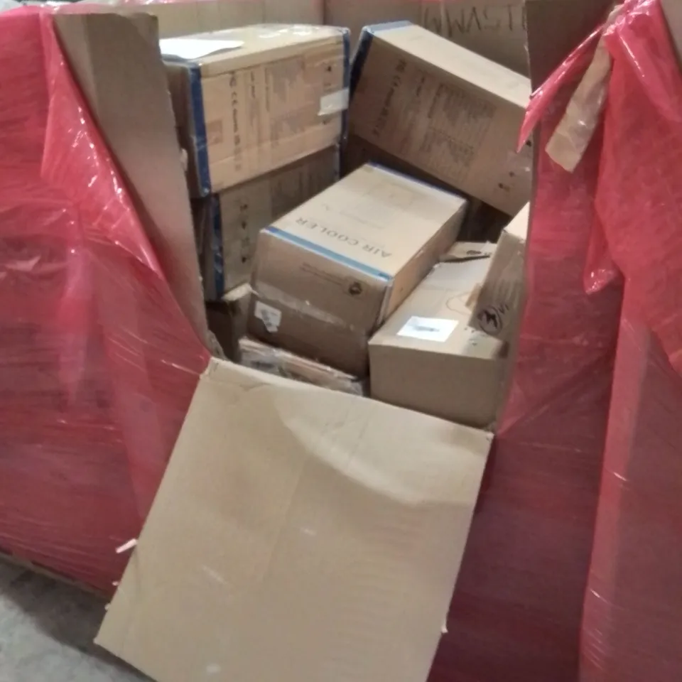 PALLET OF ASSORTED HOUSEHOLD ITEMS AND CONSUMER PRODUCTS TO INCLUDE; A LARGE QUANTITY OF AIR COOLERS, SOLAR PANEL, BATHROOM MIRROR, CHILD'S CAR SEAT ETC