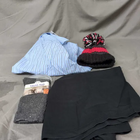 BOX OF APPROXIMATELY 15 ASSORTED CLOTHING ITEMS TO INCLUDE BLUE STRIPEY SHIRT, WINTER HAT, MARINO WOOL BLEND SOCKS, PALM ANGELS BLACK T SHIRT ETC