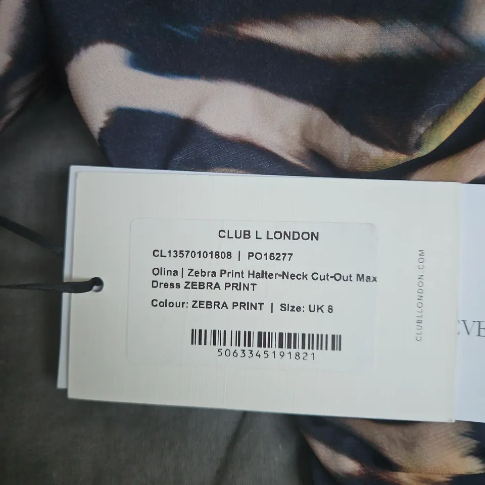 CLUB L LONDON ZEBRA PRINT HALTER-NECK MAXI DRESS – UK 8