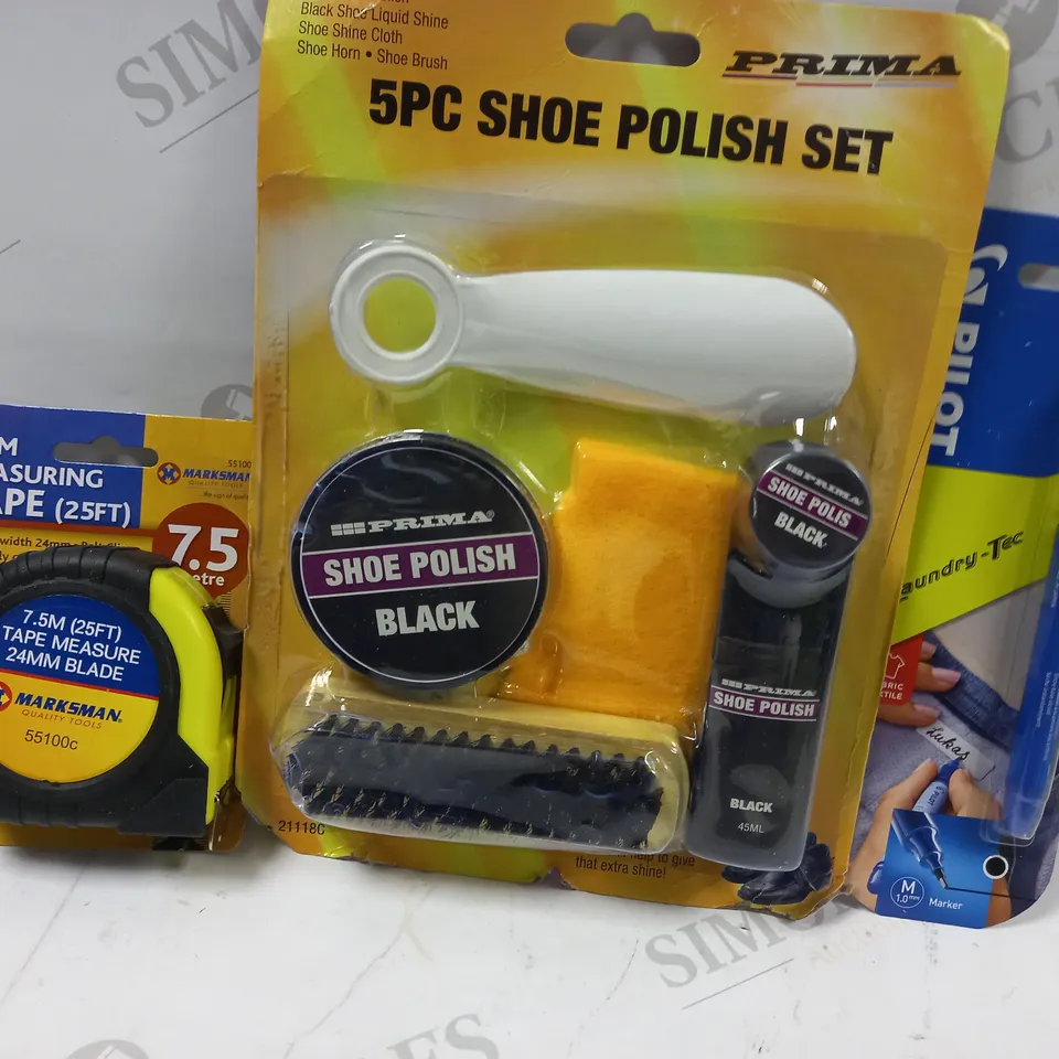 LOT OF APPROXIMATELY 20 ASSORTED HOUSEHOLD ITEMS TO INCLUDE MARKSMAN 7.5M MEASURING TAPE, PRIMA 5PC SHOE POLISH SET, PILOT MARKER, ETC