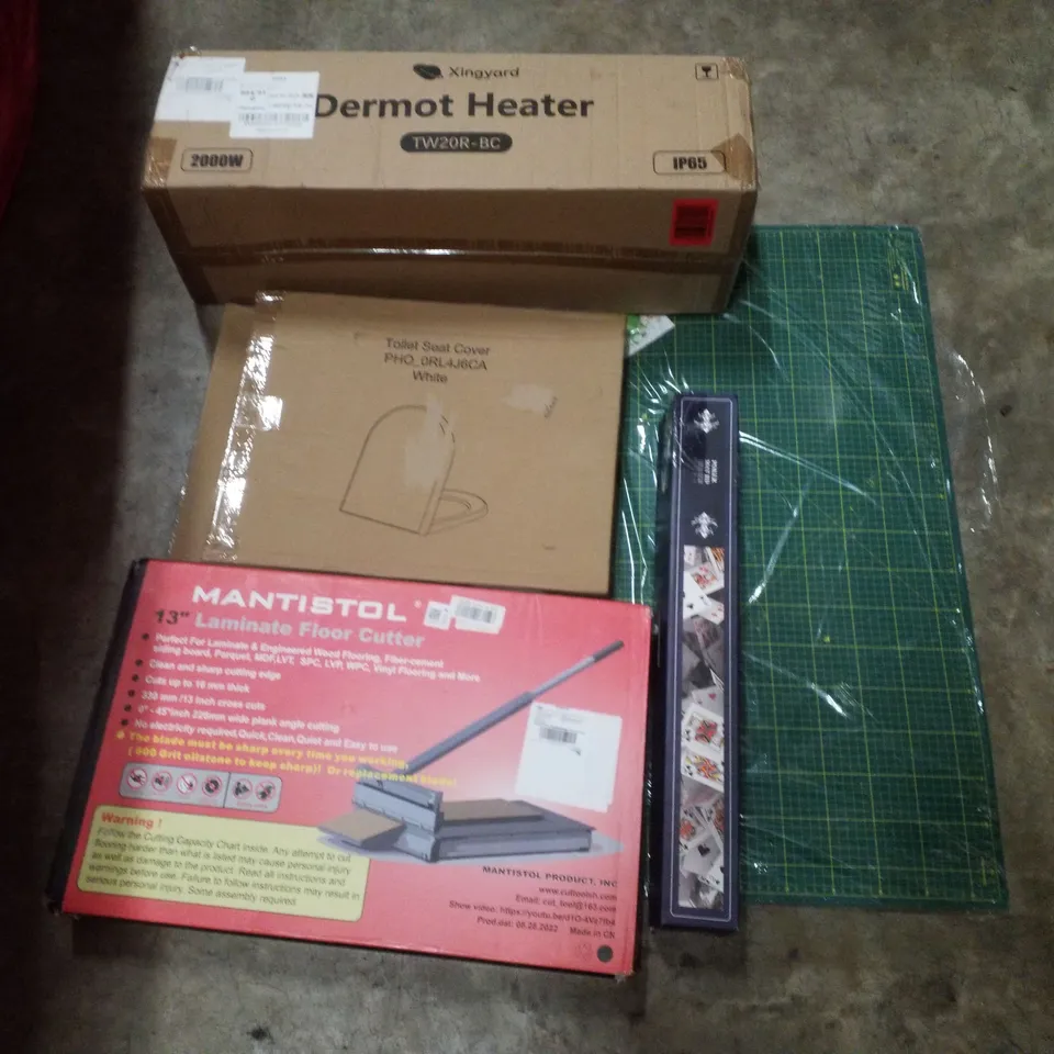 PALLET CONTAINING ASSORTED PRODUCTS INCLUDING DERMOT HEATER, TOILET SEAT COVER, 13" LAMINATE FLOOR CUTTER, POKER MAT & SELF HEALING CUTTING MAT
