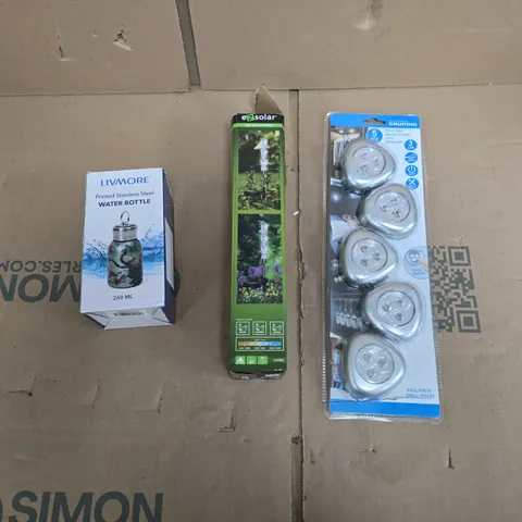 LARGE QUANTITY OF ASSORTED ITEMS TO INCLUDE PUSH LIGHTS, LED SOLAR GARDEN TORCH, PRINTED STAINLESS STEEL WATER BOTTLE, ETC - COLLECTION ONLY