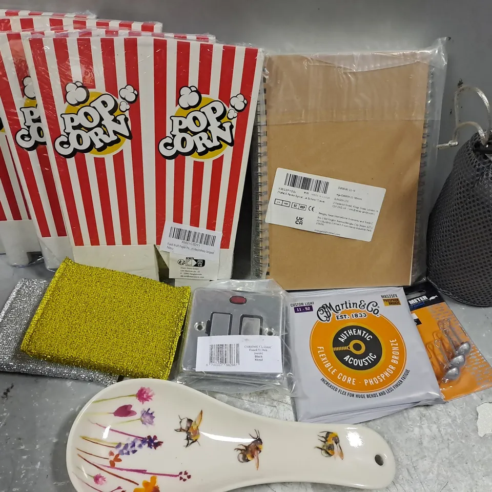 ASSORTED HOUSEHOLD ITEMS TO INCLUDE POPCORN BOXES, LIGHT SWITCH, NOTEBOOKS, ETC 