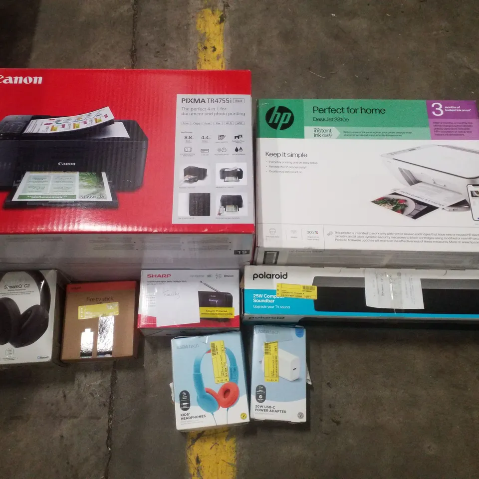 PALLET CONTAINING ASSORTED ELECTRICAL RETURNS INCLUDING CANON PIXMA PRINTER, HP DESKJET2810E PRINTER, HEADPHONES, AERIAL, POLAROID 25W COMPACT SOUNDBAR & FIRE TV STICK