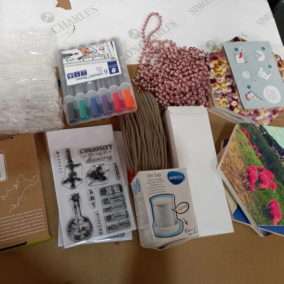 BOX OF ASSORTED HOUSEHOLD ITEMS TOO INCLUDE COASTERS AND ON TAP FILLER CARTRIDGE 