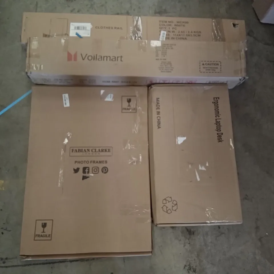 PALLET OF ASSORTED ITEMS INCLUDING CLOTHES RAIL, ERGONOMIC LAPTOP DESK, FABIAN CLARKE PHOTO FRAMES, VOILAMART METAL BED