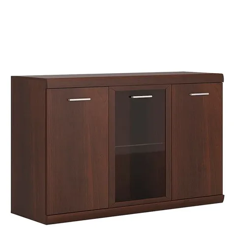 BOXED IMPERIAL 3 DOOR GLAZED SIDEBOARD IN DARK MAHOGANY MELAMINE (2 BOXES)