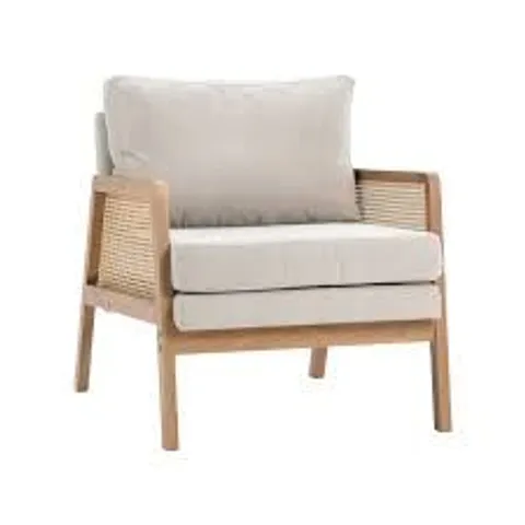 BOXED LIVING AND HOME BEIGE FABRIC CUSHION MID CENTURY RATTAN CHAIR