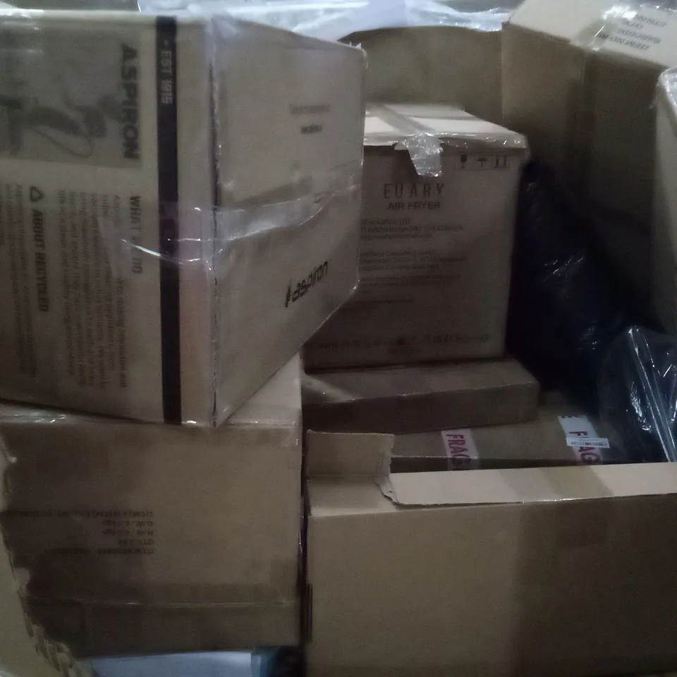 PALLET OF ASSORTED ITEMS INCLUDING MULTIFUNCTIONAL RICE COOKER, AIR MULTIPLIER TOWER FAN, DEWALT SHOP VAC, LED CEILING LAMP, AIR FRYER  