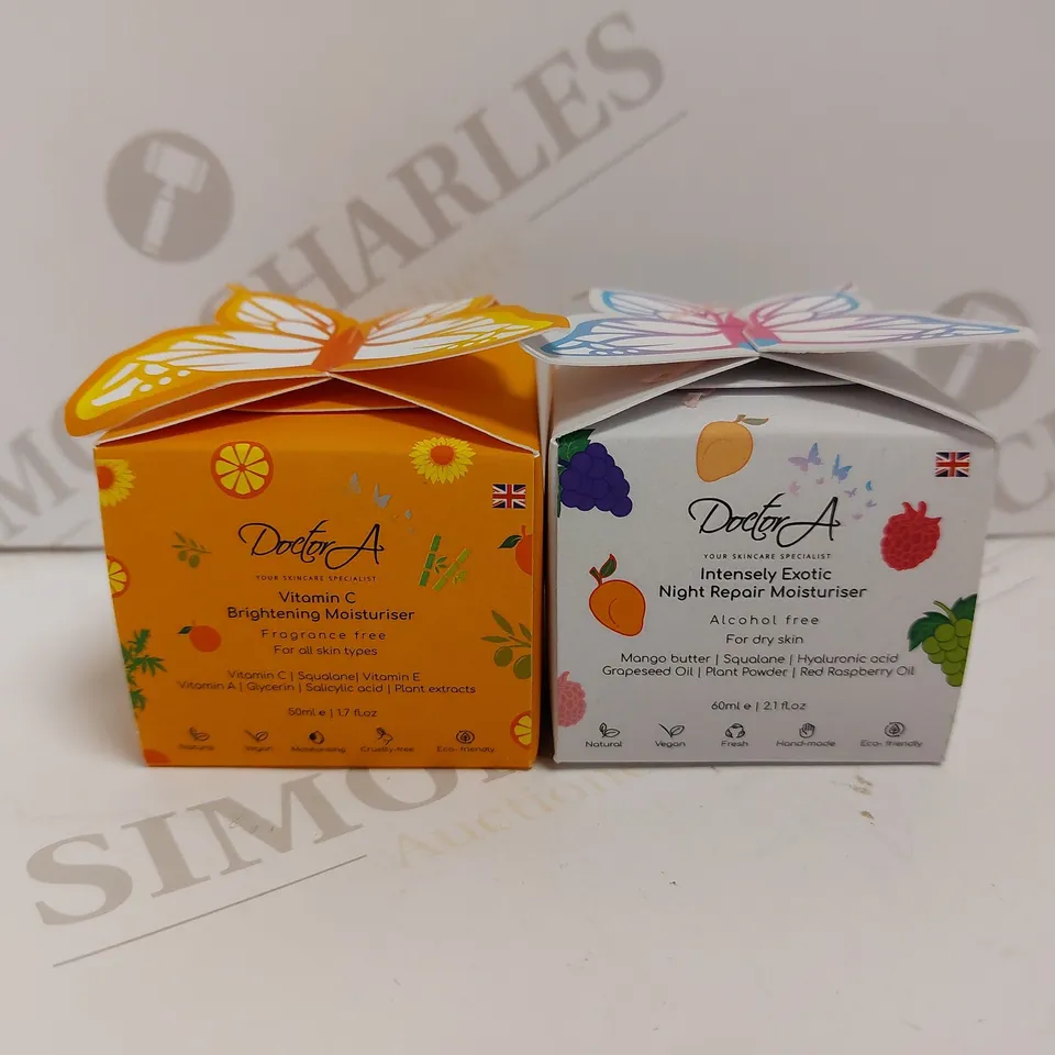 LOT OF 2 DOCTOR A PRODUCTS TO INCLUDE VITAMIN C BRIGHTENING MOISTURISER 50ML & INTENSELY EXOTIC NIGHT REPAIR MOISTURISER 50ML