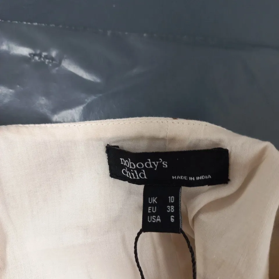 NOBODY'S CHILD DRESS, UK 10 (EU 38; USA 6) MADE IN INDIA – CREAM WITH BROWN BOTANICAL PRINT