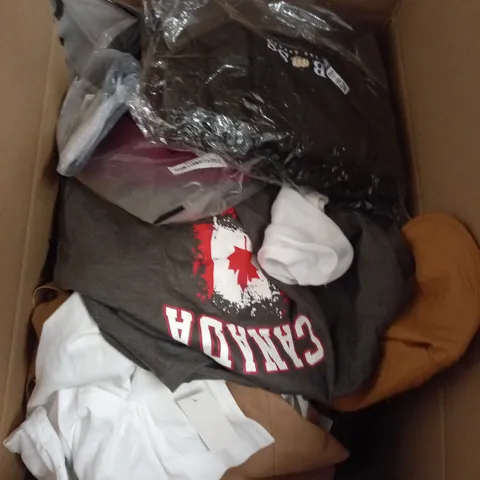 BOX OF ASSORTED CLOTHING ITEMS TOO INCLUDE JUMPERS, SHIRTS AND TROUSERS IN VARIOUS SIZES AND COLOURS