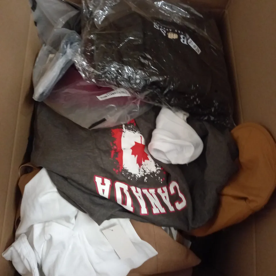 BOX OF ASSORTED CLOTHING ITEMS TOO INCLUDE JUMPERS, SHIRTS AND TROUSERS IN VARIOUS SIZES AND COLOURS   