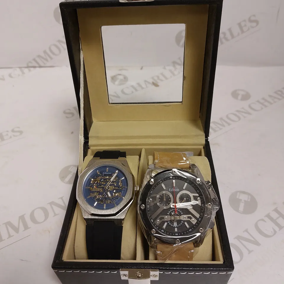 MENS EDISON DUEL GIFT BOX – 2X WATCHES INCLUDED – BRAND NEW – AUTOMATIC MOVEMENT- LEATHER STRAP