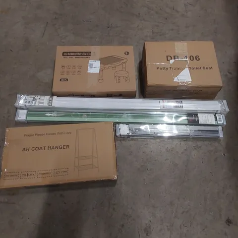 PALLET OF ASSORTED ITEMS INCLUDING: COAT HANGERS, BLINDS, POTTY TRAINING TOILET SEAT, STOOL ECT
