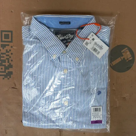 BAGGED SUPERDRY REGULAR FIT PREPPY OXFORD LONG SLEEVE SHIRT IN BLUE/WHITE SIZE 2XL