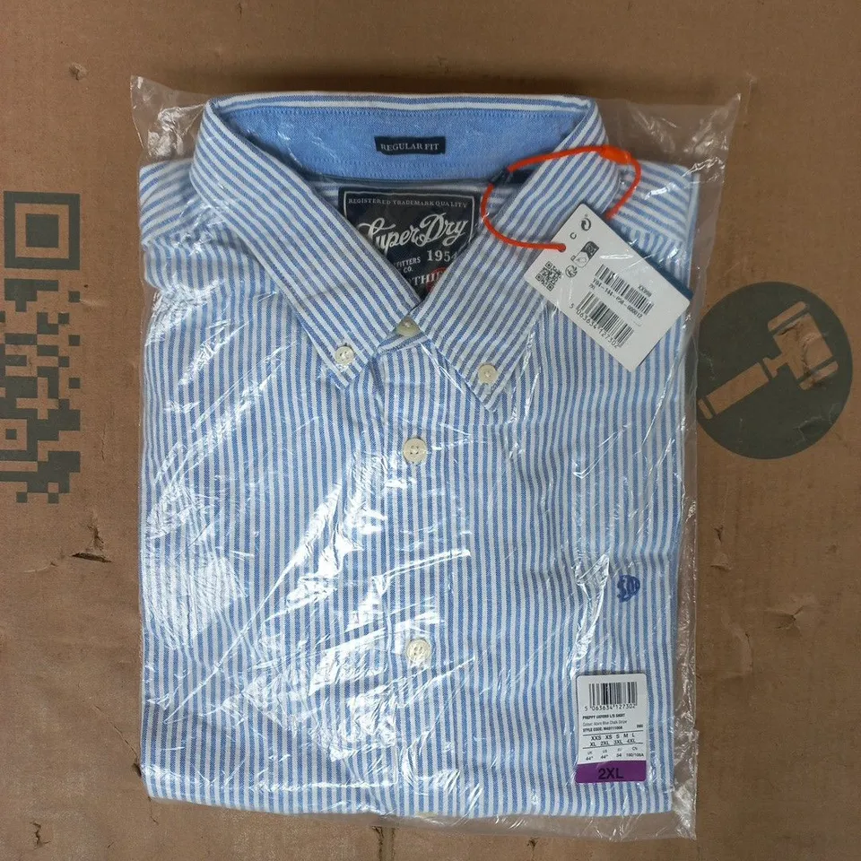 BAGGED SUPERDRY REGULAR FIT PREPPY OXFORD LONG SLEEVE SHIRT IN BLUE/WHITE SIZE 2XL