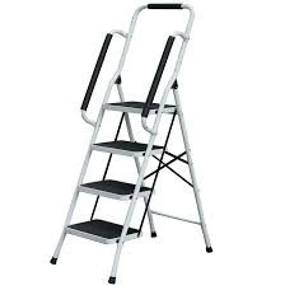 BOXED 4 STEP LADDER FOLDING STOOL NON SLIP TREAD STEEL FOLDABLE HOME DIY WITH HANDRAIL
