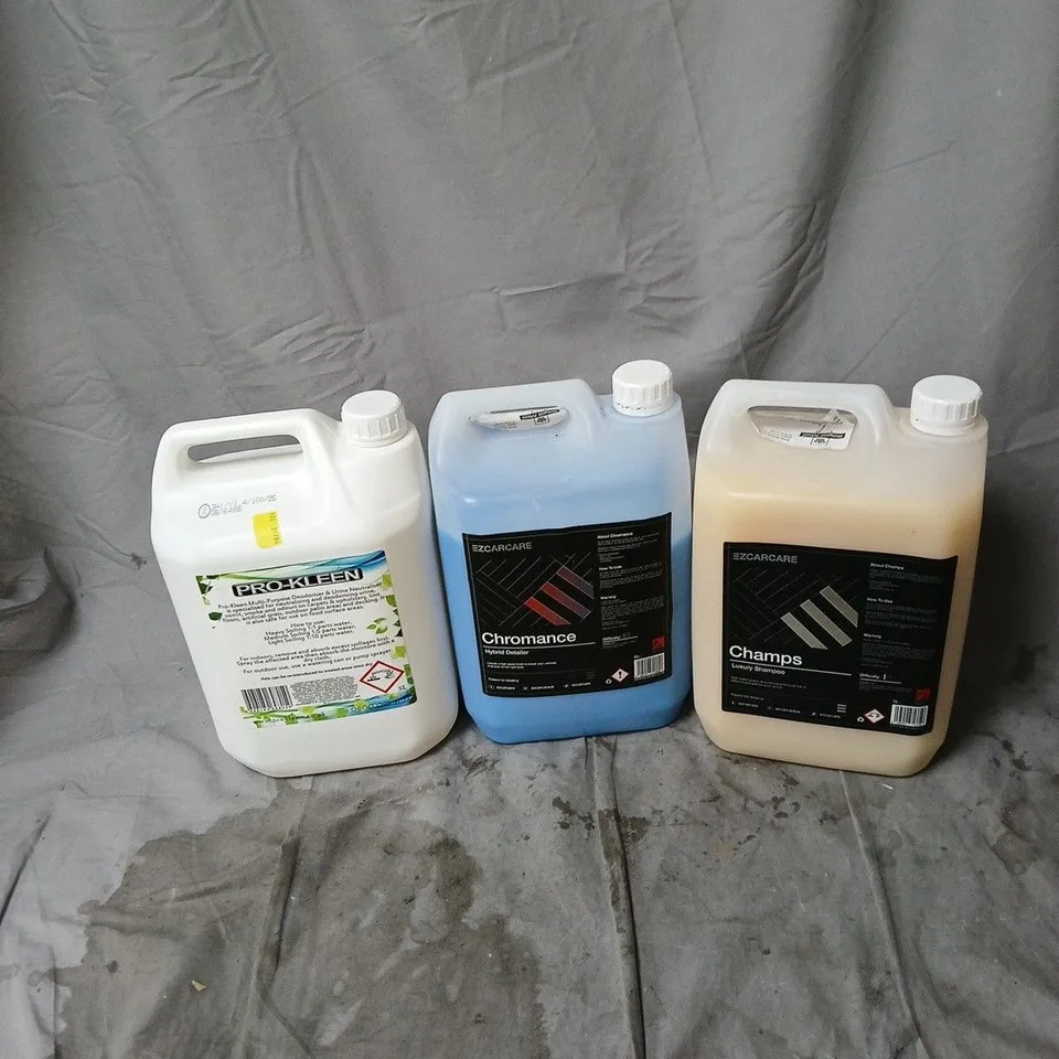 APPROXIMATELY 3 ASSORTED HOUSEHOLD LIQUID PRODUCTS TO INCLUDE ZCARCARE CHAMPS LUXURY SHAMPOO 5L, ZCARCARE CHROMANCE HYBRID DETAILER 5L, PRO KLEEN MULTI PURPOSE 5L