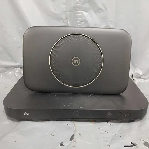 APPROXIMATELY 10 ASSORTED HOUSEHOLD ELECTRICAL ITEMS TO INCLUDE SKY Q BOX, BT WI-FI ROUTER, VARIOUS CABLES AND WIRES, ETC