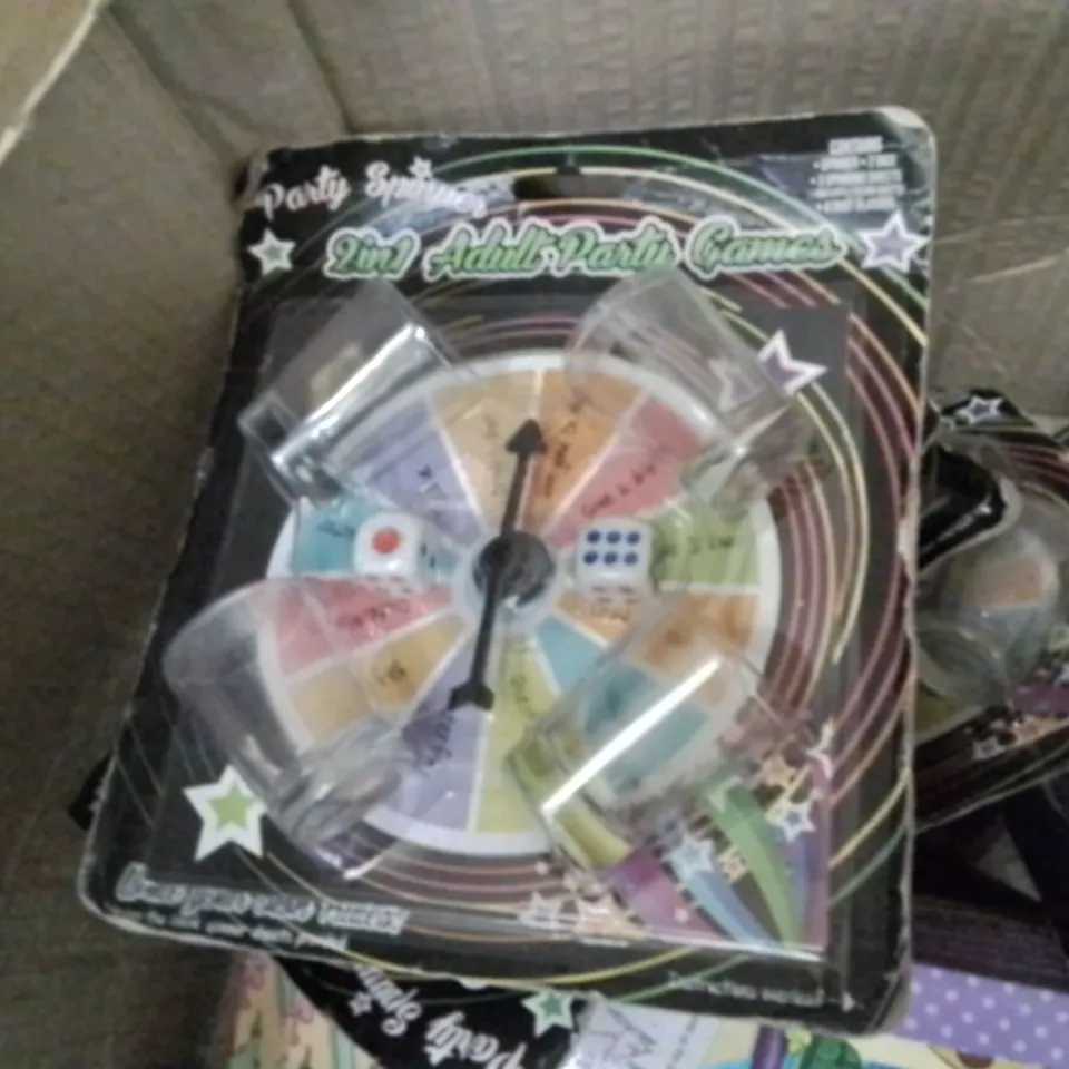 BOX CONTAINING LARGE AMOUNT OF COLOURING BOOKS AND 2-IN-1 ADULT DRINKING GAMES