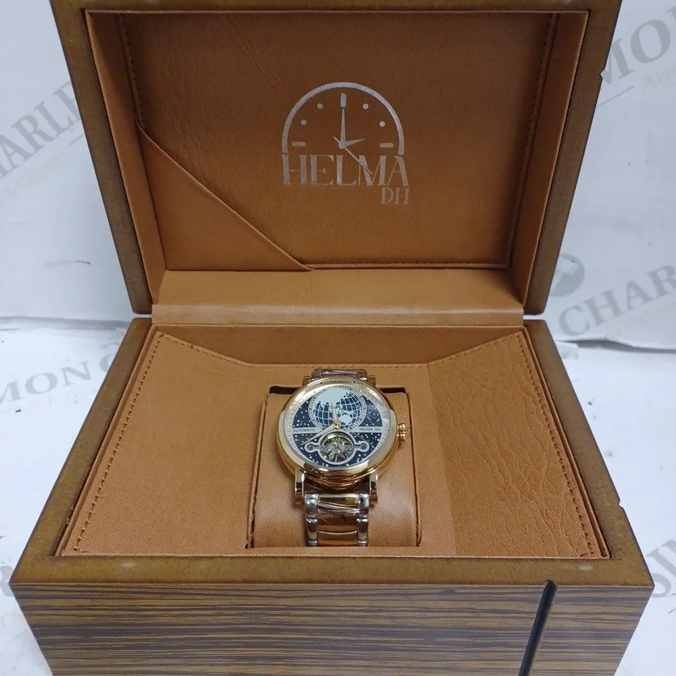 MENS HELMA DH AUTOMATIC WATCH – WORLD VIEW DIAL – OPEN HEART MOVEMENT WITH GLASS EXHIBITION BACK CASE – STAINLESS STEEL STRAP – LUXURY GIFT BOX INCLUDED