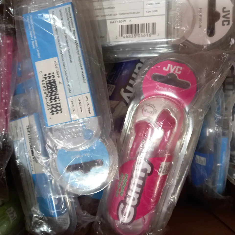 BOX OF APPROXIMATELY 20 ASSORTED JVC GUMY STEREO HEADPHONES IN VARIOUS COLOURS
