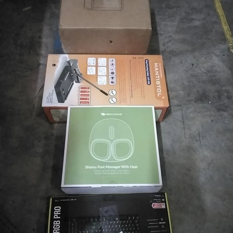 PALLET OF HOUSEHOLD ITEMS TO INCLUDE BREAD BIN,VINYL FLOORING CUTTER,FOOT MASSAGER, KEYBOARD AND OTHER ASSORTED ITEMS...