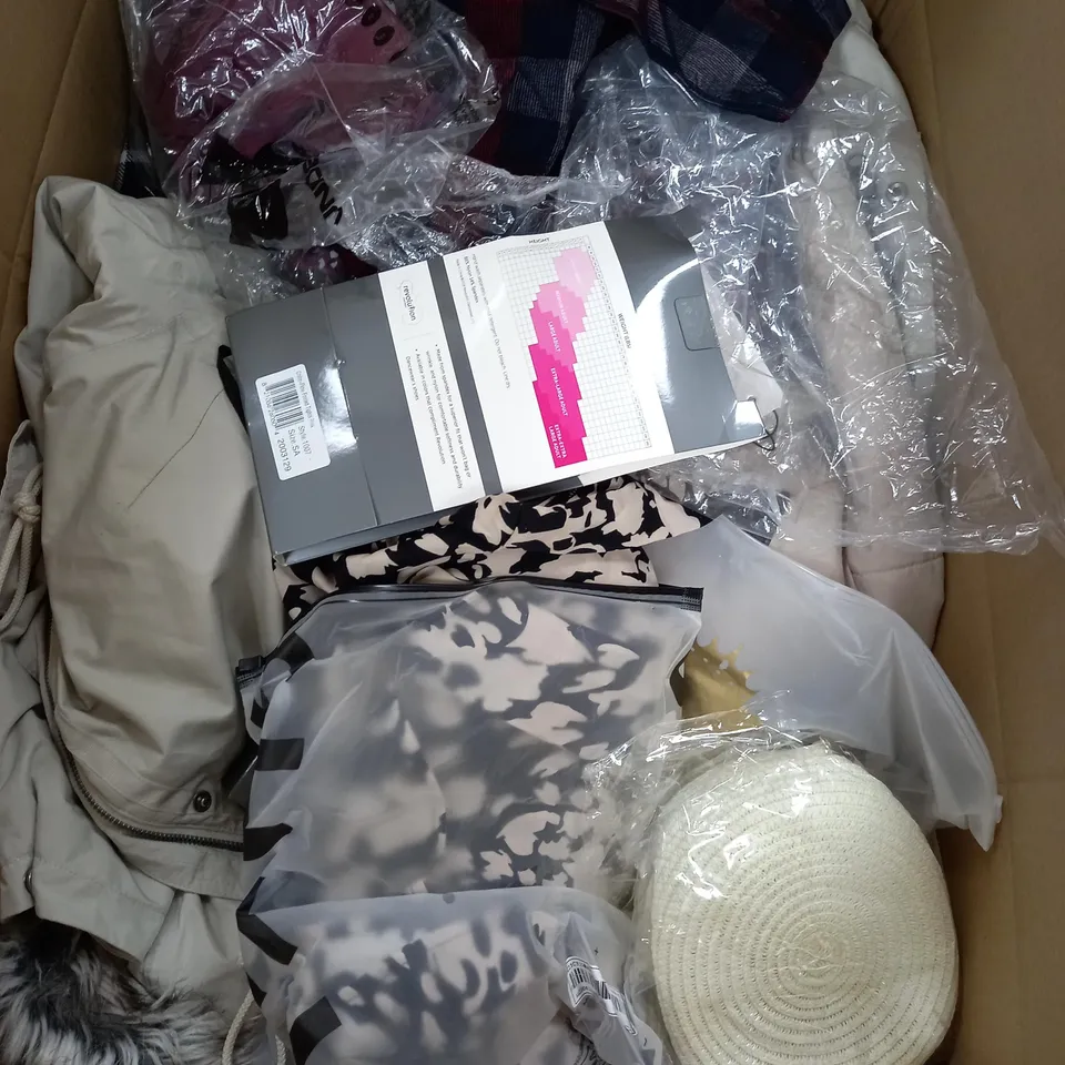 LARGE BOX OF ASSORTED CLOTHING ITEMS IN VARIOUS COLOURS AND SIZES INCLUDING TROUSERS , TOPS AND JUMPERS 
