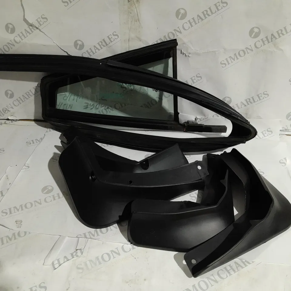 APPROXIMATELY 10 ASSORTED CAR PARTS AND ACCESSORIES TO INCLUDE QUARTER GLASS WINDOW PANEL, MUD FLAP SPLASH GUARD, GREY FABRIC UPHOLSTERY, KICK PANEL, WIPER ARM ETC. 