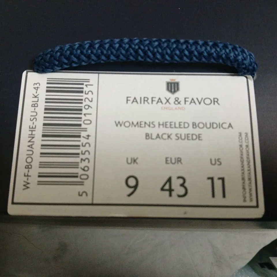 BOXED FAIRFAX & FAVOR WOMEN'S HEELED BOUDICA BOOTS IN BLACK SUEDE, UK 9