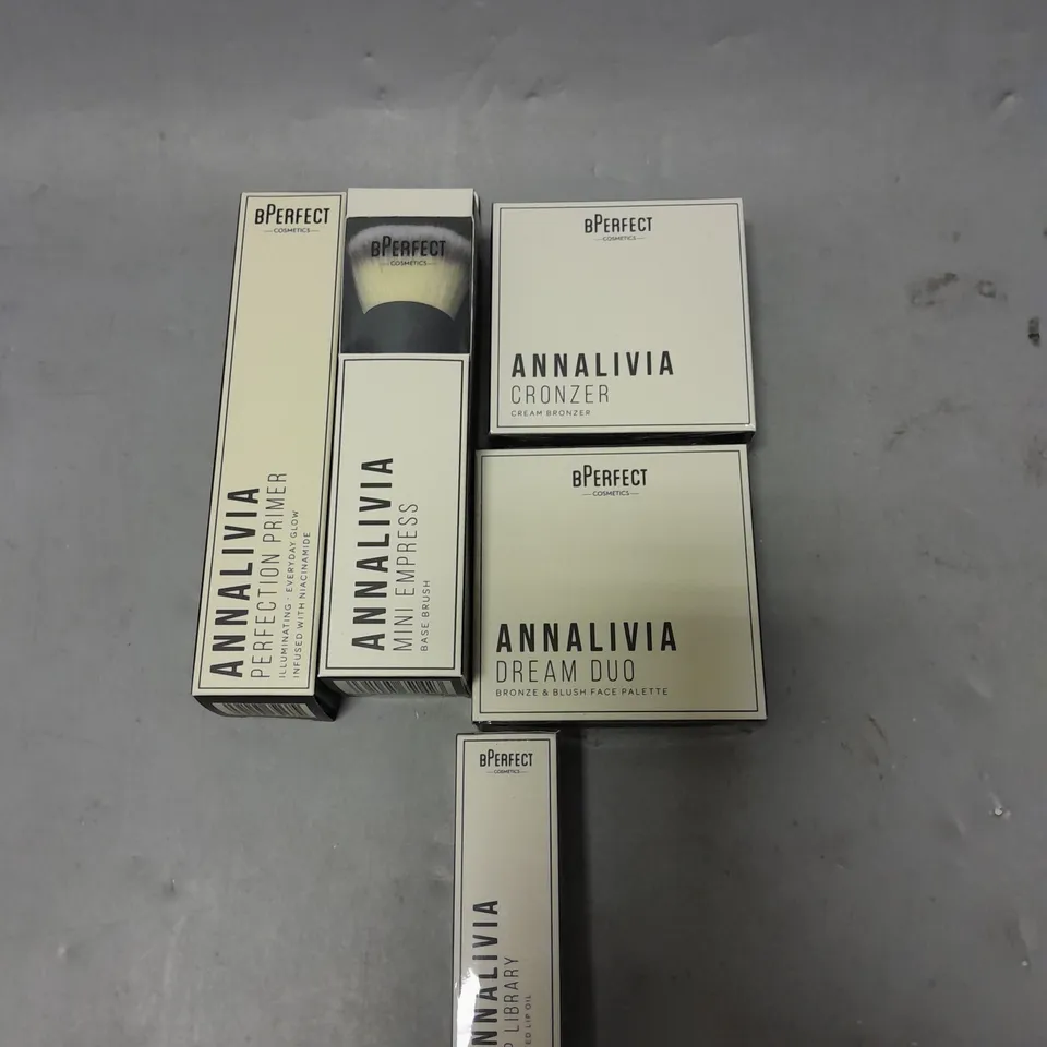 LOT OF 5 SEALED BPERFECT ANNA LIVIA MAKE UP PRODUCTS TO INCLUDE PRIMER, CHEEK BRUSH AND LIP OIL
