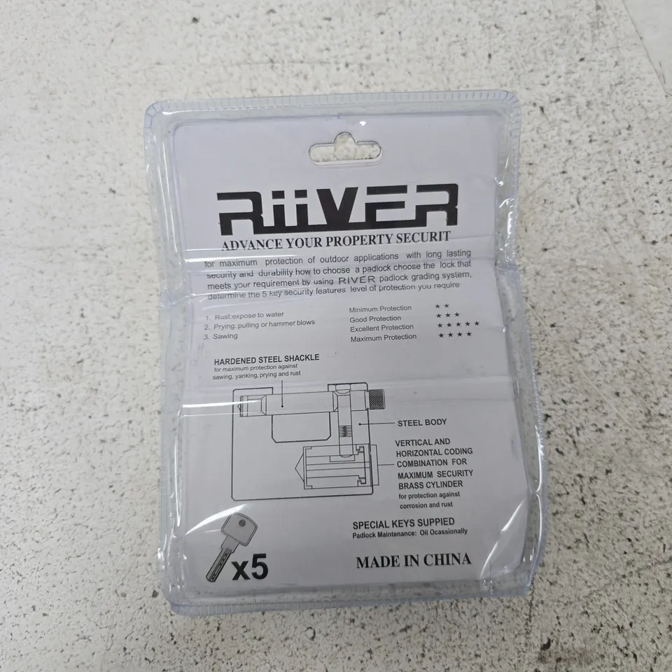 RIVER PADLOCK WITH 5 KEYS – HARDENED STEEL SHACKLE, 74/84/94MM (MADE IN CHINA)