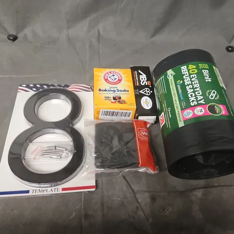 APPROXIMATELY 12 ASSORTED HOUSEHOLD ITEMS TO INCLUDE BINIT REFUSE SACKS, ABS SECURITY LOCKS, 2 WAY SWITCH, ETC
