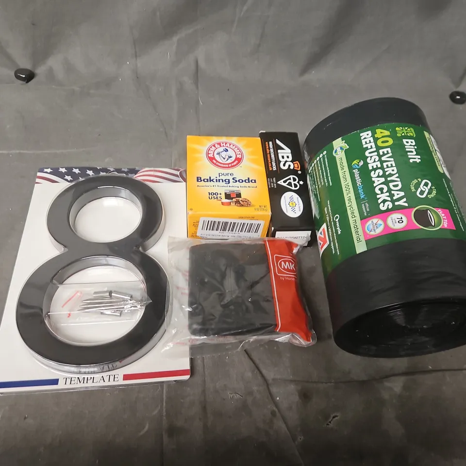 APPROXIMATELY 12 ASSORTED HOUSEHOLD ITEMS TO INCLUDE BINIT REFUSE SACKS, ABS SECURITY LOCKS, 2 WAY SWITCH, ETC