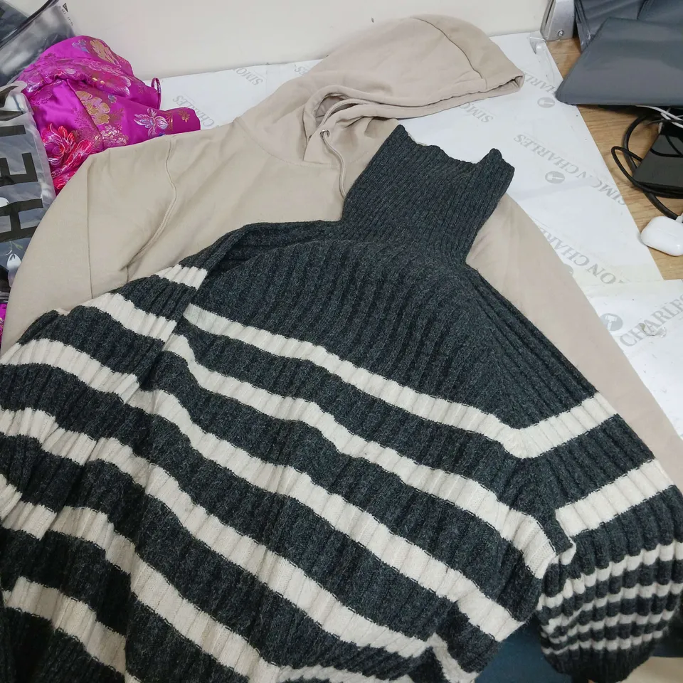 LARGE BOX OF ASSORTED CLOTHING ITEMS IN VARIOUS COLOURS AND SIZES INCLUDING TROUSERS , TOPS AND JUMPERS 