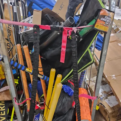 CAGE OF ASSORTED SPORTS EQUIPMENT PARTS, CRICKET STUMPS, CRICKET BAT. (CAGE NOT INCLUDED)