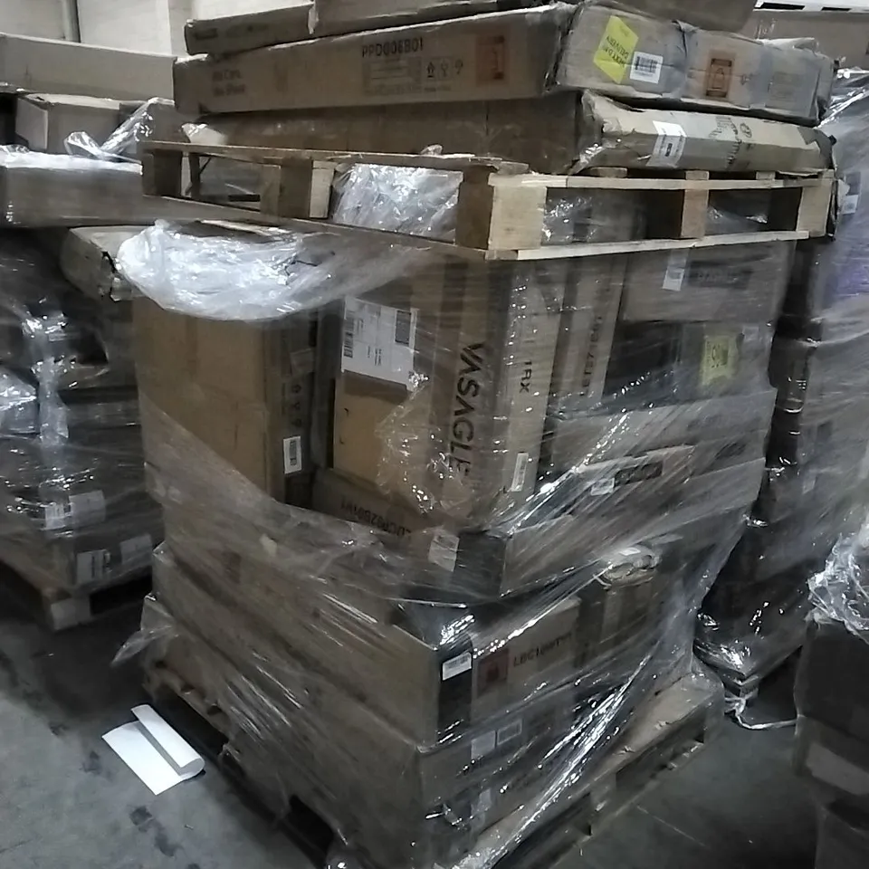 PALLET OF HOUSEHOLD ITEMS TO INCLUDE DOG CAGE, LAUNDRY HAMPER, BAR STOOL, CLOTHES RACK , STORAGE BENCH AND OTHER ASSORTED ITEMS...